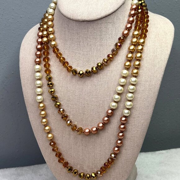 Long Beaded Necklace Faux Pearl Rose Gold Amber Ivory Layered  Shiny Polished - Picture 2 of 4